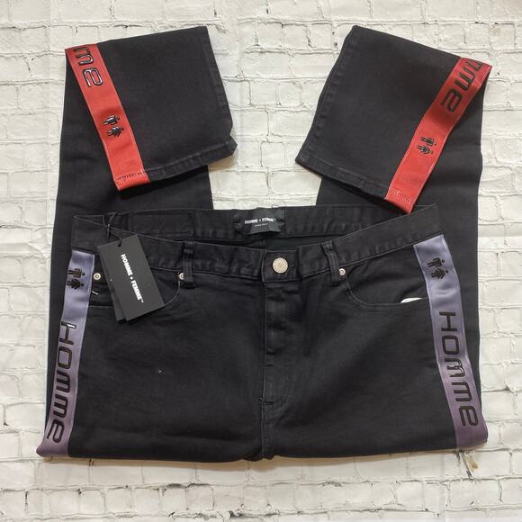 Homme + Femme Mens Jeans SZ 38 Black LA Streetwear Slim Fit Stretch Logo Stripes - Picture 2 of 6